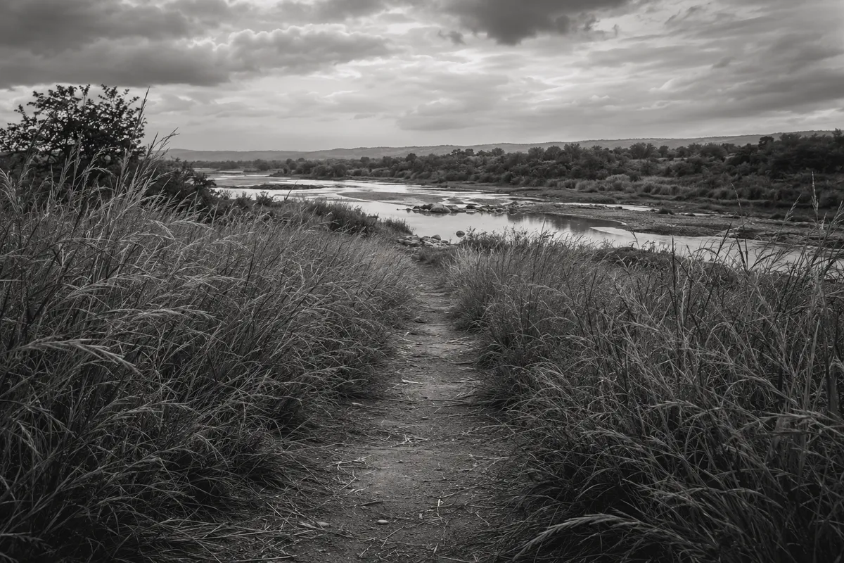 A narrow riverside path disappearing into tall grass beneath a heavy gray sky.